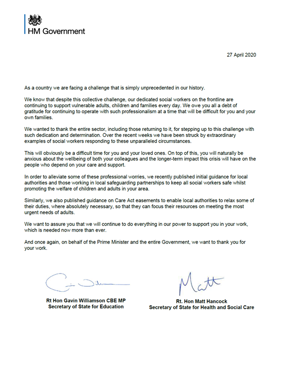 Letter from Rt Hon Gavin Williamson CBE MP and Rt Hon Matt Hancock