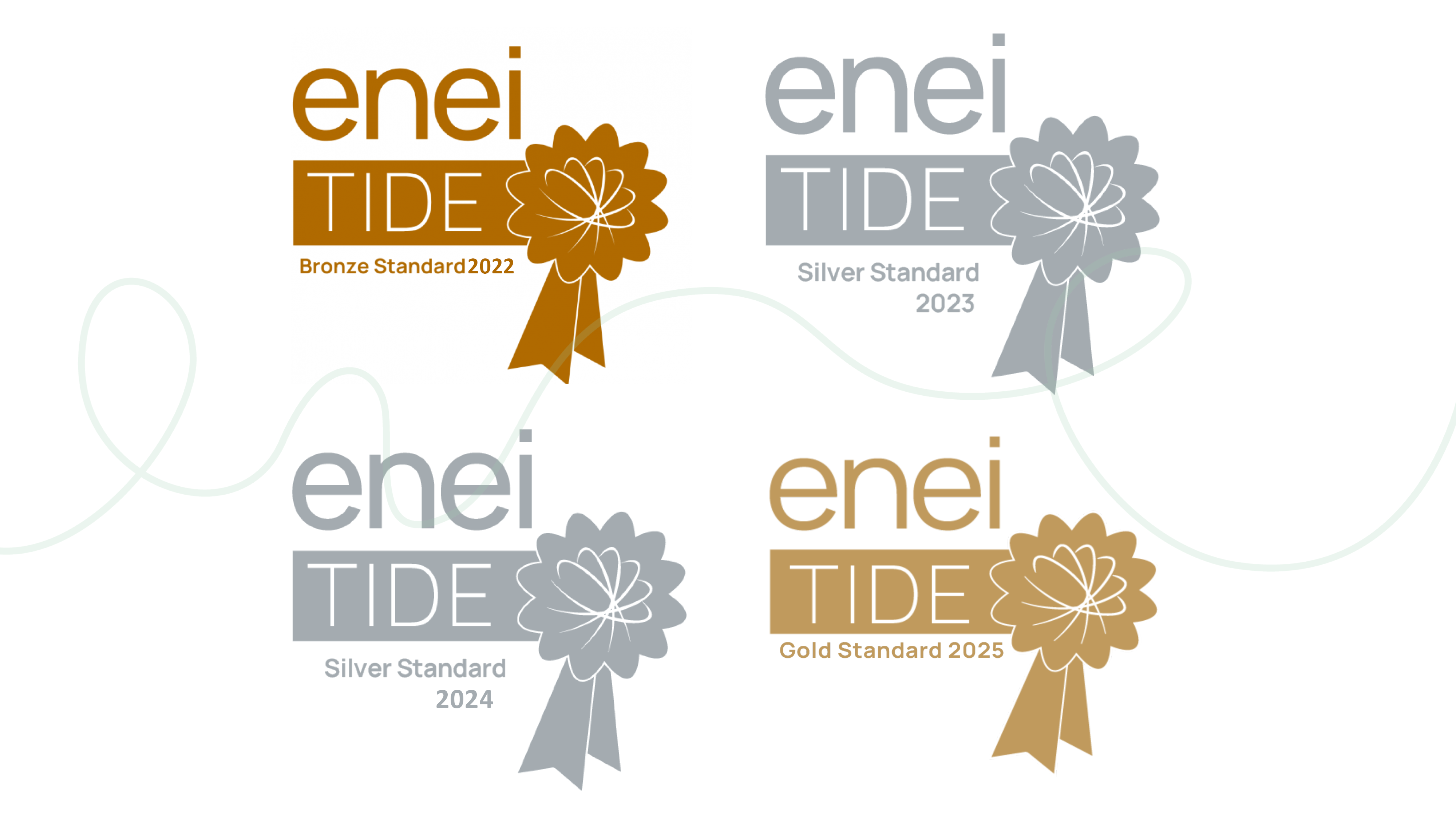 rosettes showing the enei tide awards: bronze 2022, silver 2023 and 2024, and gold 2025